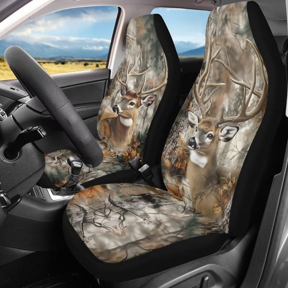 Binienty Deer Hunting Camo Car Seat Covers Set of 2 Soft Comfortable Cloth Universal Car Seat Covers Full Set Front Seats Carseat Cover & Accessories for Cars SUV Truck Van