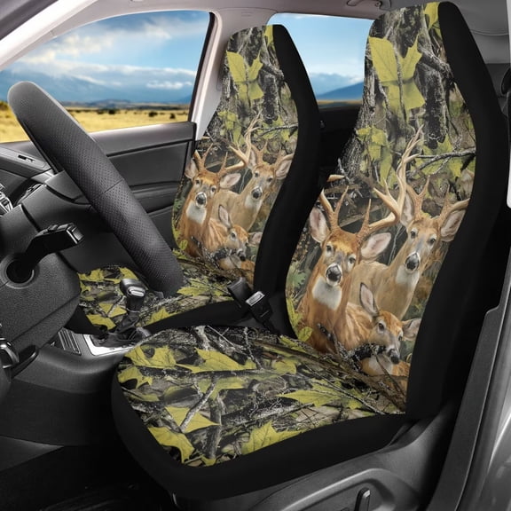 Binienty Deer Hunting Camo Forest Front Car Seat Covers Polyester Breathable Anti-Scratch Auto Interior Protectors 2 Pack Elastic Car Bucket Seat Covers, Universal Fit for Cars SUV Truck Van