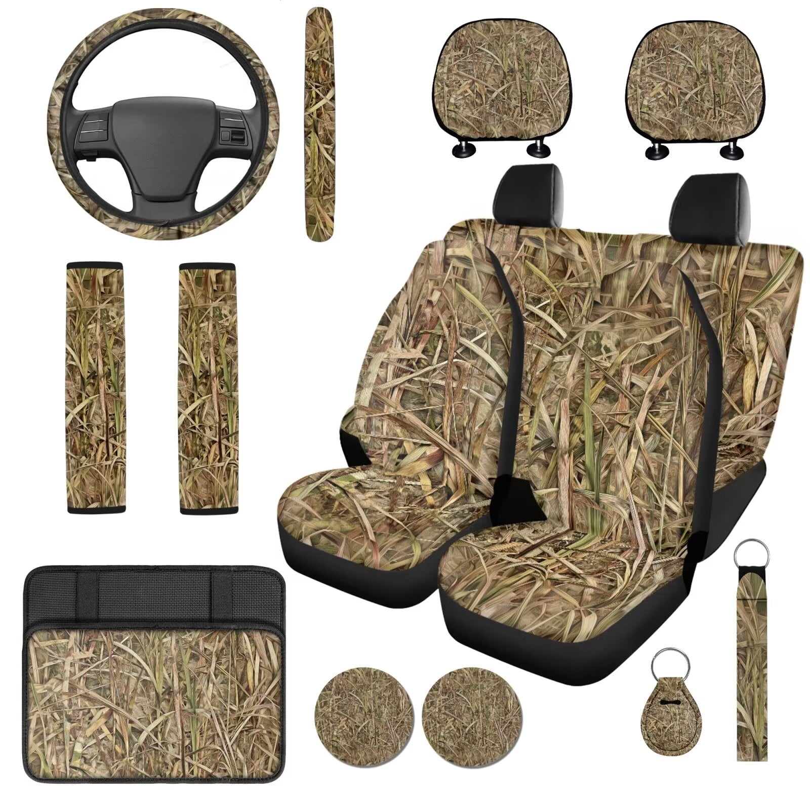 Binienty Deer Hunting Camouflage Auto Seat Covers Full Set with Matching Steering Wheel Cover Center Console Cushion Auto Seat Belt Covers Coasters 14 PCS Car Interior Decor Set​