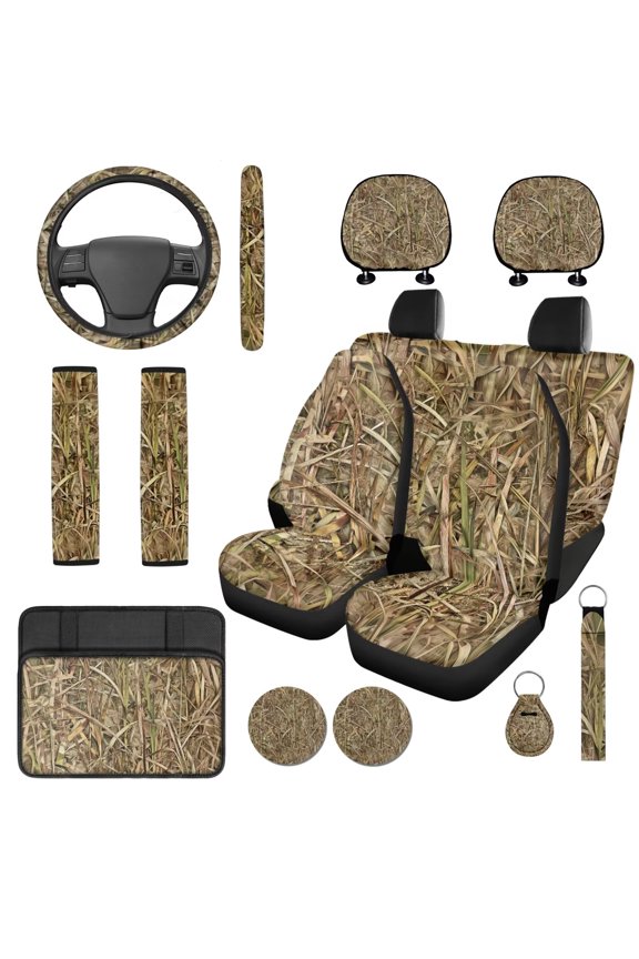 Deer Hunting Camouflage Auto Seat Covers Full Set with Matching Steering Wheel Cover Center Console Cushion Auto Seat Belt Covers Coasters 14 PCS Car Interior Decor Set​