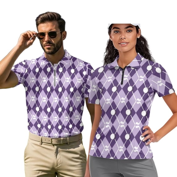 Binienty Diamond Golf Husband Wife Matching Shirts Relaxed Short Sleeve Couples Matching Golf Shirts for Golf Running Sports ,Classic Fit Quarter Zip Pullover