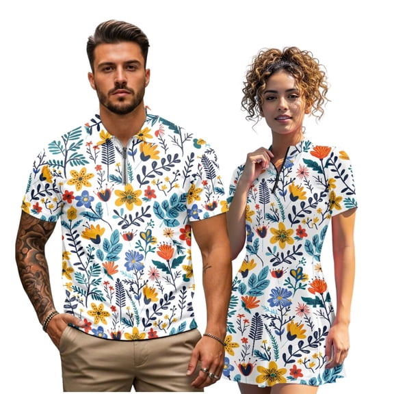 Binienty Ditsy Floral Golf Clothing Set for Couple Breathable Stretch Fabric Summer Golf Outfit Set Men's Shirt Women's Short Sleeve Skirt Lightweight Golf Course Wear for Daily