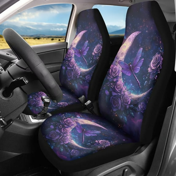 Binienty Dragonfly Car Seat Covers for Women Purple Floral Moon Car Front Seat Covers 2 Pack Accessories Auto Interior Decor Protector All Seasons Use for SUV Truck Van