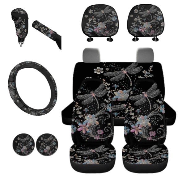 Binienty Dragonfly Floral Print Car Interior Kit, with Car Headrest Covers Car Headrest Pillow Covers Front Back Seat Protectors, Compatible with Vans Cars