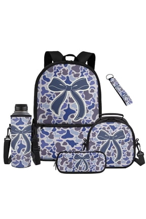 Duck Camo Bow Kids Backpack Set For Elementary School Girls 5-In-1 Large Capacity School Backpack Lunch Box Pencil Case Keychain Back To School Gifts For Kids