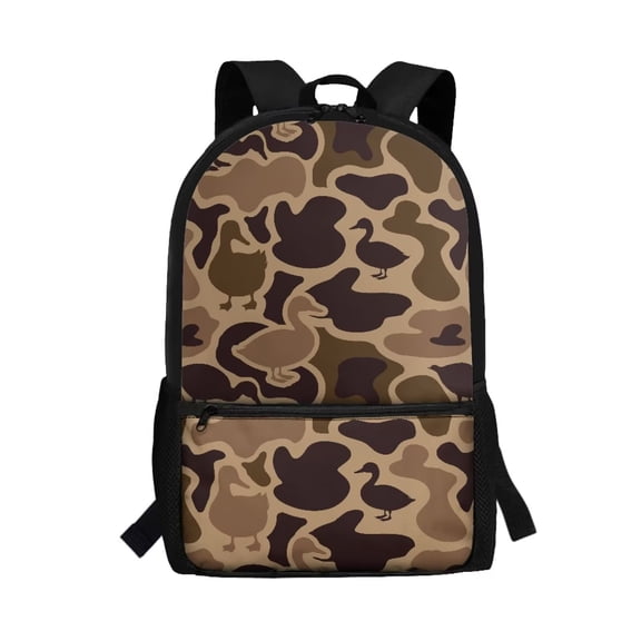 Binienty Duck Camo Brown School Backpack For Teens, Adjustable Padded Straps, Front Zipper Pocket, Large Capacity Bookbag For Daily Use Outdoor Hiking Travel