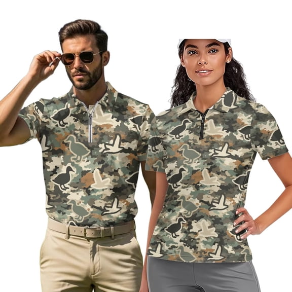 Binienty Duck Camo His and Hers Matching Outfits with Zipper Classic Fit Moisture Wicking Couple Shirt for Men Women Breathable Tennis Tops for Couples