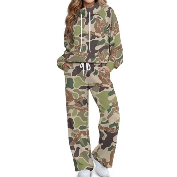 Binienty Duck Camo Tracksuits for Women 2 Piece Outfits, Mock Neck Drawstring Sweatshirt Wide Leg Pants Lounge Sets Fall Hunting Casual Loungewear Matching Suits