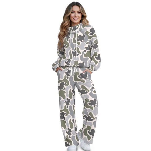 Binienty Duck Camo Women's 2 Piece Outfits High Neck Drawstring Pullover Sweatshirt Wide Leg Sweatpants with Pockets Casual Loungewear Matching Sweatsuit Tracksuit Set