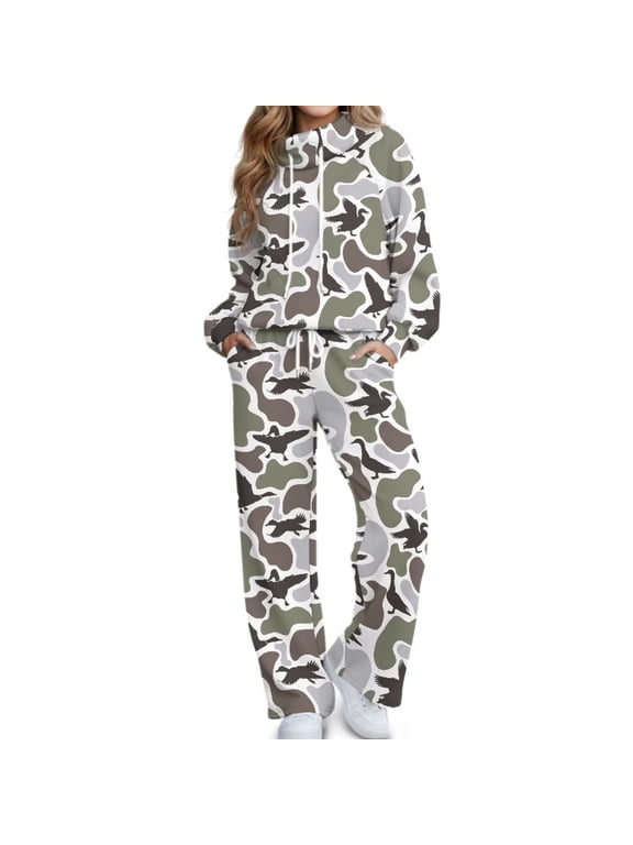 Duck Camo Womens 2 Piece Outfits Sweatsuits Sets Fall, Mock Neck Sweatshirt Wide Leg Pants Tracksuits with Pockets Casual Jogging Lounge Wear