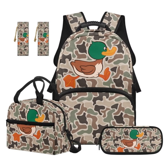 Binienty Duck Hunting Camo 5 Piece Backpack And Lunch Box Set For 1st Grade Girls Comfortable Backpack Lunch Box Pencil Case PU Leather Bookmark Students School Supplies