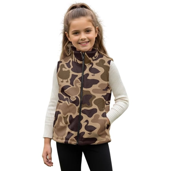Binienty Duck Hunting Camo Vest Waistcoat for Girls Polar Fleece Vest With Front Pockets Stand Collar Soft Fuzzy Fluffy Fleece Jacket Toddler Trendy Winter Clothes
