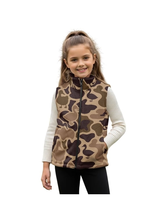 Duck Hunting Camo Vest Waistcoat for Girls Polar Fleece Vest With Front Pockets Stand Collar Soft Fuzzy Fluffy Fleece Jacket Toddler Trendy Winter Clothes