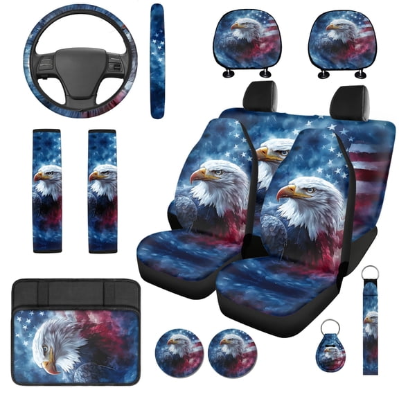 Binienty Eagle American Flag Car Seat Covers Full Set 14 Pack with Vehicle Steering Wheel Cover Automotive Armrest Cushion Pad Seat Headrest Covers Auto Seat Belt Pads Interior Accessories Set
