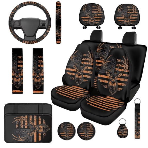 Binienty Elk American Flag Vehicle Seat Covers Front And Back with 15 Inch Steering Wheel Cover Non-Slip Auto Armrest Pad Seat Belt Covers Keychain 14 Pack Car Interior Accessories Set
