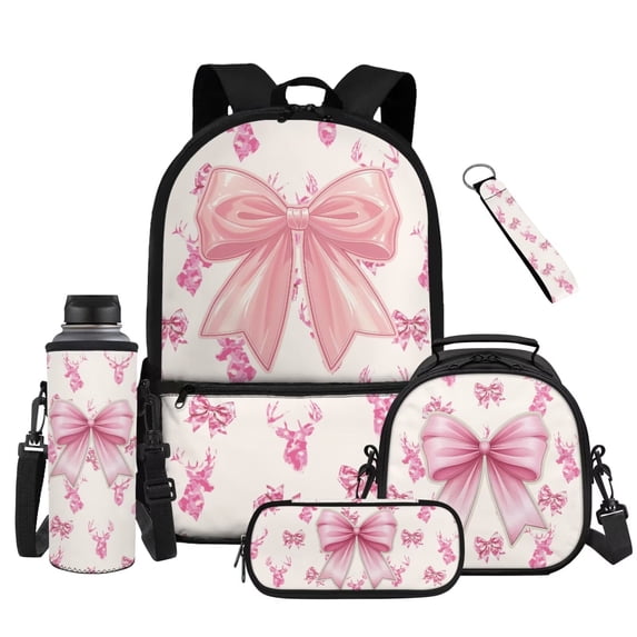 Binienty Elk Bow Girls Bookbag With Lunch Box Set For Middle School Girls 5 Pack Zipped School Backpack Insulated Lunchbag Zippered Pencil Pouch Keychain Children School Supplies