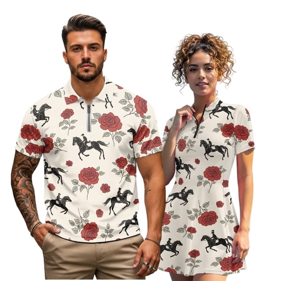 Binienty Equestrian Rose His and Hers Matching Golf Outfit Set Quick Dry 1/4 Zip Men's Short Sleeve Shirt & Women's Skort, Summer Athletic Wear for Golf, Tennis, Pickleball