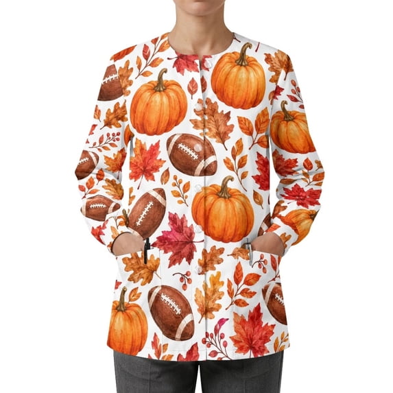 Binienty Fall Pumpkin Football Crewneck Scrub Jackets for Women with Pockets Comfortable, Snap Front Hospital Scrubs, for Vet Workers Medical Assistants Pediatric Nurses, Breathable Fitted