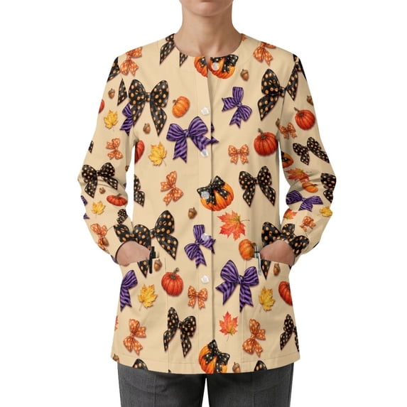 Binienty Fall Pumpkin Maple Bow Long Sleeve Nurse Jacket for Women Tops Comfortable Warm-Up Scrub Coats 4-Way Stretch, for Pediatric Nurses Medical Students Female Nurses Scrubs, Quick Dry