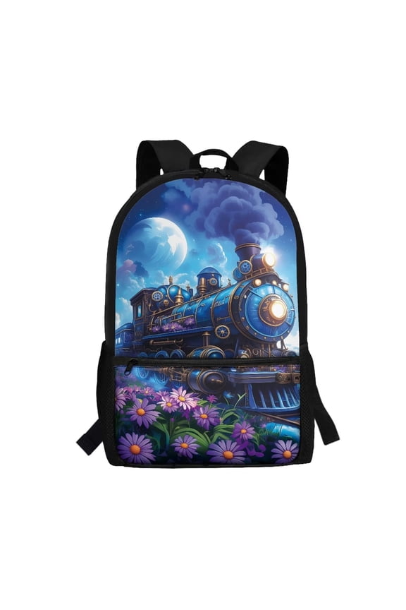 Fantasy Steam Train 17 Inch School Backpack for Kids, Large Capacity Bookbag with Padded Laptop Compartment, Side Mesh Pockets for Elementary Middle School Daily Use Travel