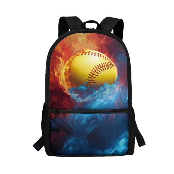 Binienty Fire Ice Baseball Print School Backpack for Teens, Adjustable Shoulder Straps Schoolbag with Front Zipper Pocket, Durable Book Bag for Daily Class Outdoor Activities