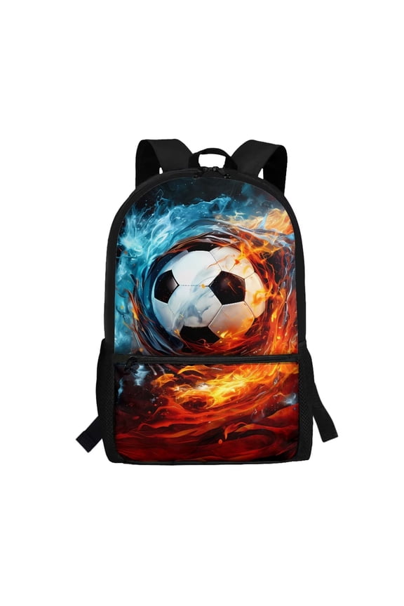 Fire Ice Soccer Print School Backpack for Teens, Customizable Strap Length Front Storage Pockets Durable Book Bag for School Travel Hiking Daypack