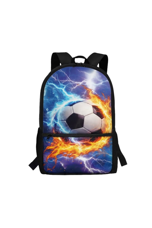 Fire Lightning Soccer Print School Backpack for Kids 3-8th Grade Custom Length Straps Bookbag Large Capacity School Bag with Front Storage Pocket for Daily Travel