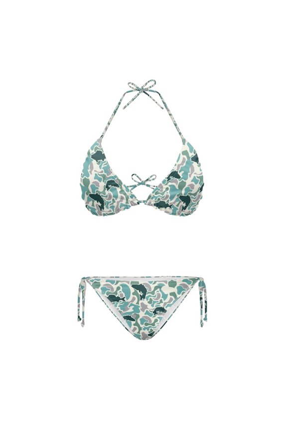 Fish Silhouette Camouflage Pattern Bikini Set, Elastic String Bathing Suit, Spandex Spaghetti Strap Swimwear Plus Size Design