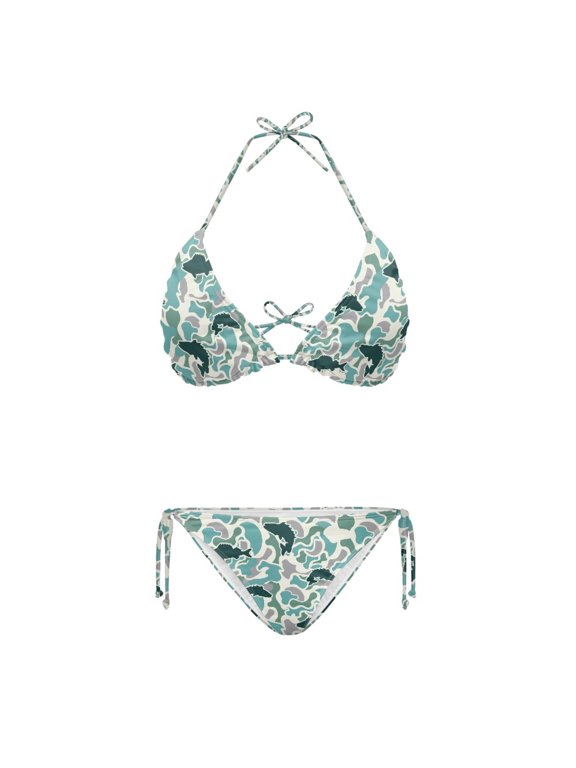 Fish Silhouette Camouflage Pattern Bikini Set, Elastic String Bathing Suit, Spandex Spaghetti Strap Swimwear Plus Size Design