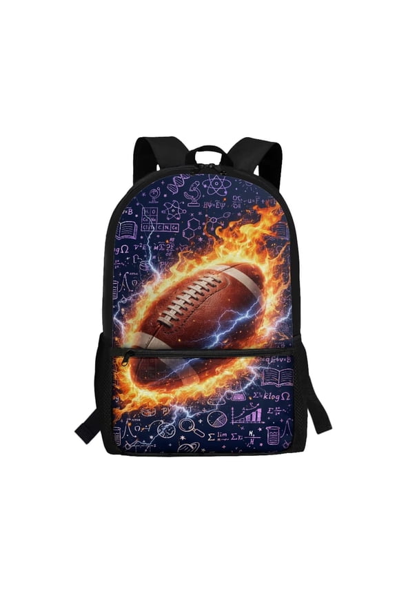 Flame Football Science Print Kids School Backpack 17 Inch Spacious Bookbag with Built-in Laptop Slot Adjustable Straps for Middle School Students Daily Travel Daypack