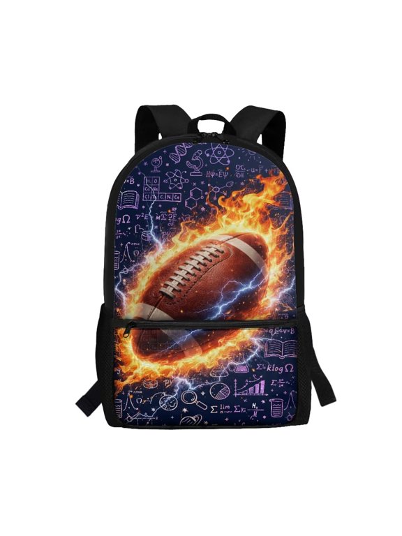 Flame Football Science Print Kids School Backpack 17 Inch Spacious Bookbag with Built-in Laptop Slot Adjustable Straps for Middle School Students Daily Travel Daypack