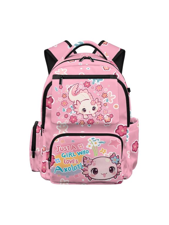 Floral Axolotl School Backpack for Boys Age 10-12 Waterproof 17 Inch Bookbag with Side Pockets Children Back Pack Back to School Gifts for Students