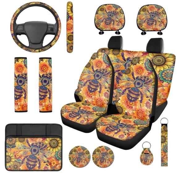 Binienty Floral Bee Vehicle Seat Covers with Matching 15 Inch Steering Wheel Cover Center Console Cushion Seat Belt Covers Coasters Car Interior Decor Set for Truck Van Sedan SUV 14 Pack