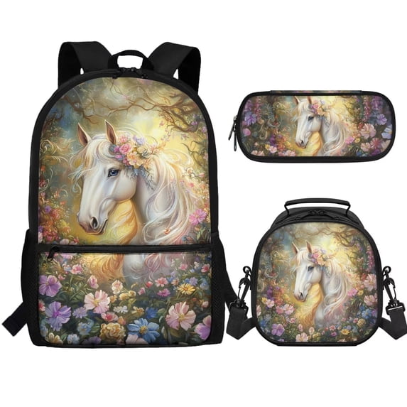 Binienty Floral Horse Backpack For Girls 4th Grade Kids Backpack and Lunchbox Pencil Case 3 Piece 2nd Grade Cute Bookbag with Side Pockets 17 Inch Daypacks Rucksack