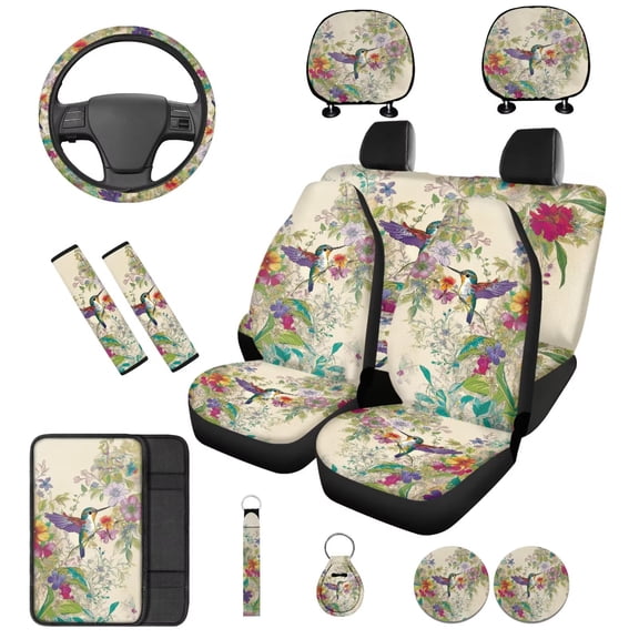 Binienty Floral Hummingbird Car Seat Covers Full Set Front Split Rear Bench for Car Universal Auto Seat Covers with Arm Rest Cover Elastic Steering Wheel Cover Vehicle Interior Decoration Accessories