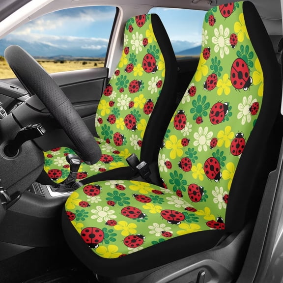 Binienty Floral Ladybug Car Front Seat Covers Set Soft Anti-Slip Auto Seat Cover Green for Women Girly Interior Set Auto Bucket Cushion 2 Pack