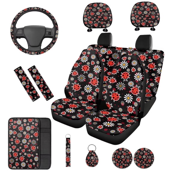 Binienty Floral Ladybug Car Seat Covers with Armrest Cover Pad Steering Wheel Cover Cute Universal Comfortable Car Seat Cushion Covers Full Set Automotive Interior Accessories For Women Sets