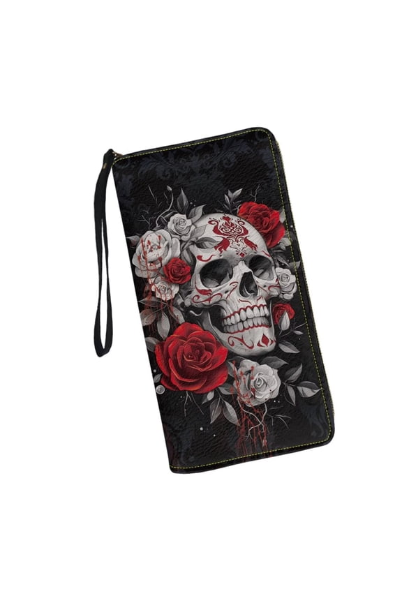 Floral Skull Wallet for Women Rfid Blocking Zip Around Wristlet Wallet for Ladies PU Leather Waterproof Travel Wallet Passport Holder Ladies Handbags Gifts for Her