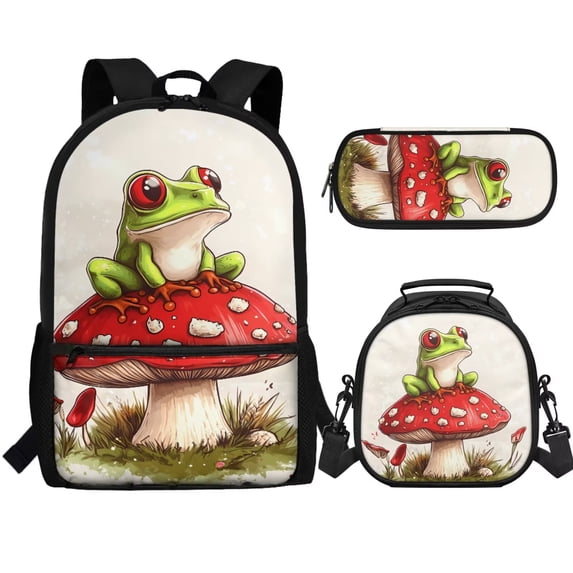 Binienty Frog Mushroom School Backpack Set for Girls Elementary School Bookbag For Boys With Lunch Box and Pencil Case 3 PCS Kids 17 Inch Book Bag Middle School Supplies