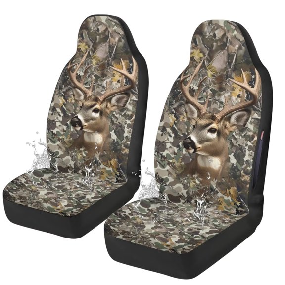 Binienty Front Car Seat Covers Waterproof Washable Deer Hunting Camo Auto High Back Seat Covers Airbag Compatible Auto Bucket Cushions Universal for SUV Truck Sedan Easy to Clean