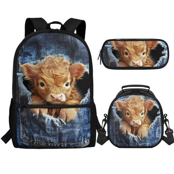 Binienty Funny Highland Cow Boys Bookbag Age 10-12 with Lunchbox Pencil Pouch 3 Piece Kids School Backpack Anti Theft Double Zipper Bookbag Insulated Lunch Box Pencil Case