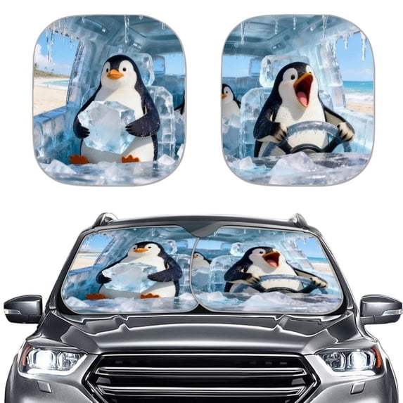 Binienty Funny Penguin Windshield Sun Shades 2-Piece Foldable Car Windshield Sun Shade Funny Sunshield Removable Automotive Accessories Reflect UV and Heat