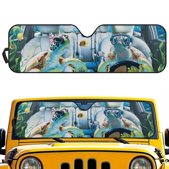 Binienty Funny Sea Turtle Car Windshield Cover Sun Shade Compatible with Jeep Wrangler TJ JK JL Windshield Sunshade for Jeep Gladiator JT UV Rays Reflector Window Sun Blocker 52x16 Inches