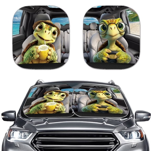 Binienty Funny Sea Turtle Windshield Sun Shades 2 Piece Foldable Car Front Window Sunshade UV Rays Reflector Heatshield Sunshade Easy Fold Automotive Interior Sun Protection