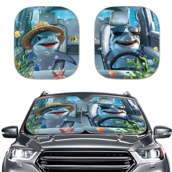 Binienty Funny Shark Car Front Windshield Sun Shade 2 PCS Auto Front Window Sunshades Foldable Auto Sun Heat and UV Rays Blocker Universal Car Accessories