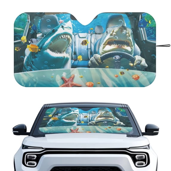 Binienty Funny Shark Windshield Sun Shade Ocean Animals Car Window Sunshade for Cars SUV Truck Hatchback, Foldable Sun Visor Blocks Heat and UV Rays