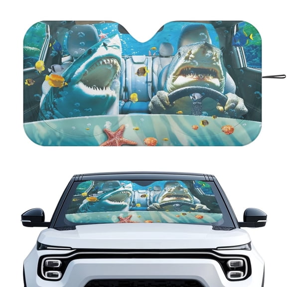 Binienty Funny Shark Windshield Sun Shade Ocean Animals Car Window Sunshade for Cars SUV Truck Hatchback, Foldable Sun Visor Blocks Heat and UV Rays