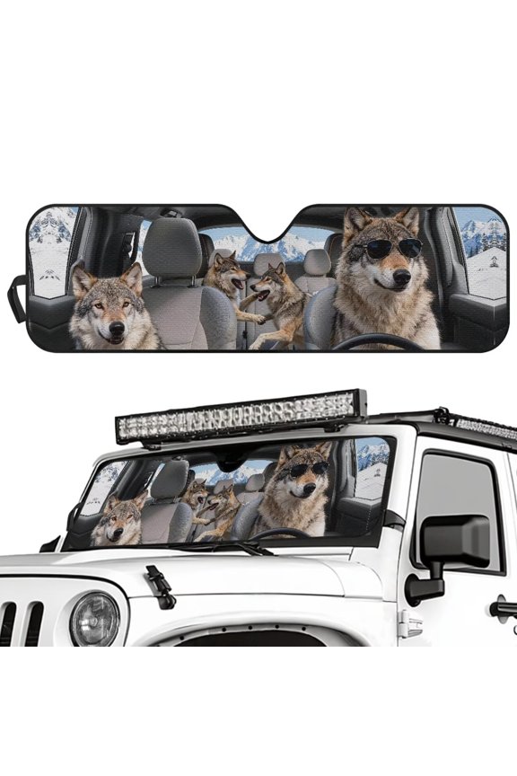Funny Wolf Car Sunshade Windshield for Jeep Gladiator JT 2020-2025 Wrangler JL JLU Foldable Sun Shade for Car Window Front Windshield Sunvisor Automotive Interior Sun Protection