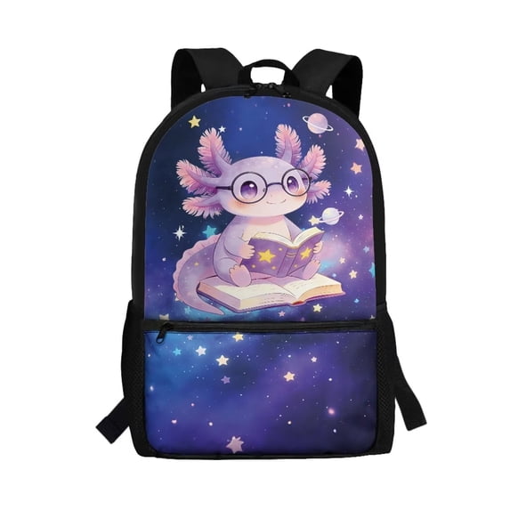 Binienty Galaxy Axolotl Print School Backpack for Kids 6-14, 17 Inch Large Capacity Bookbag with Adjustable Padded Straps, Multi Outer Pockets Casual Travel Daypack for School Trips