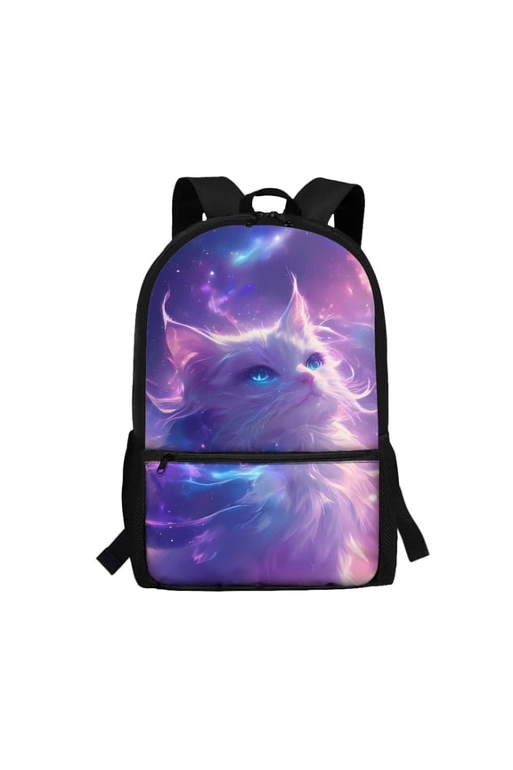 Galaxy Fantasy Cat 17 Inch Kids School Backpack with Front Zipper Pocket Water Bottle Mesh Side Pockets for Teens Girls Boys Large Capacity Bookbag Daypack for Travel